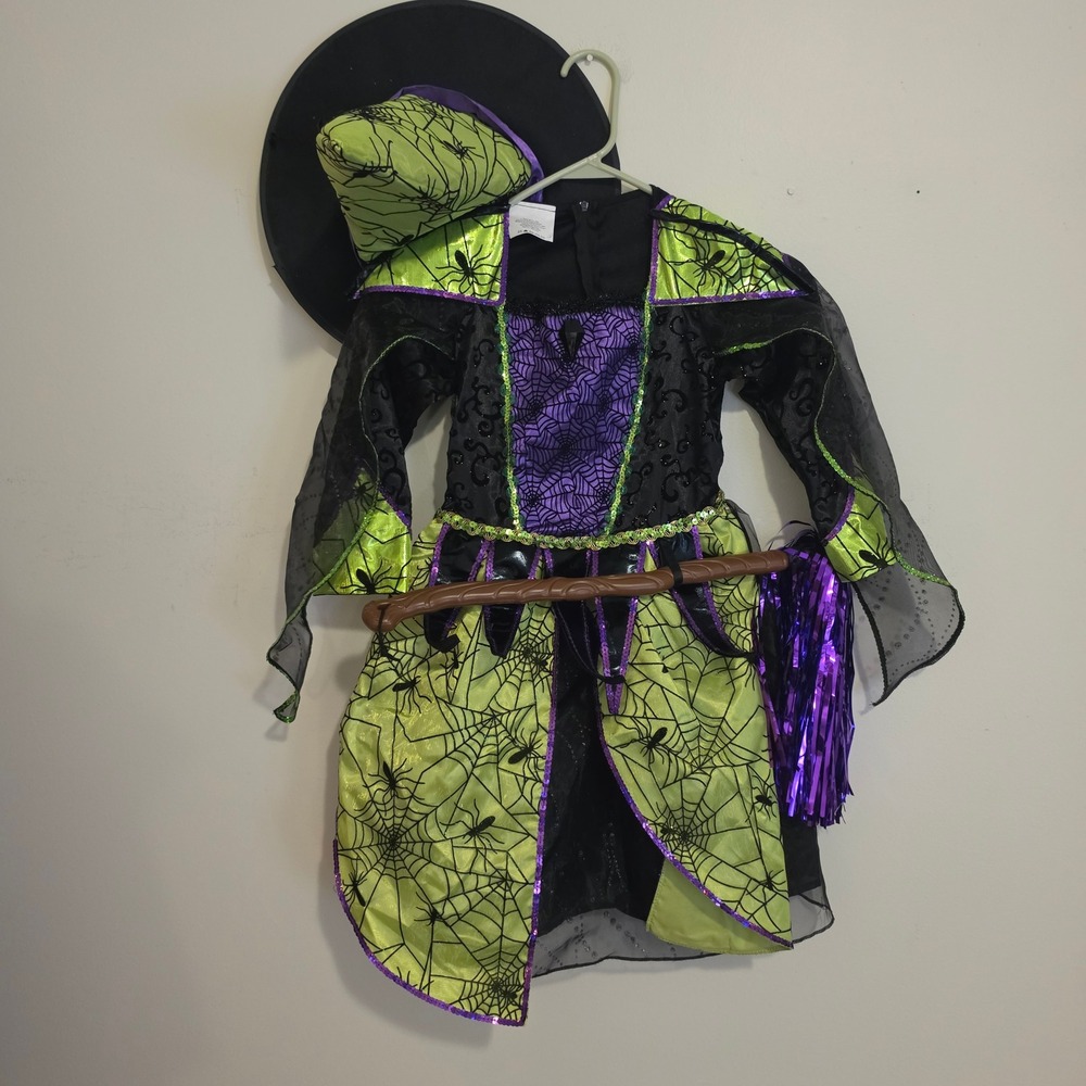 Teetot & Co. Witch Costume Girls XS 3-4 Green Purple Spider Web Sequin Hat Broom
